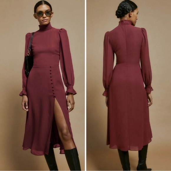NWT! Reformation Stevie Long Sleeve High Neck Midi Dress In Plum Burgundy Size 4 - Picture 5 of 12